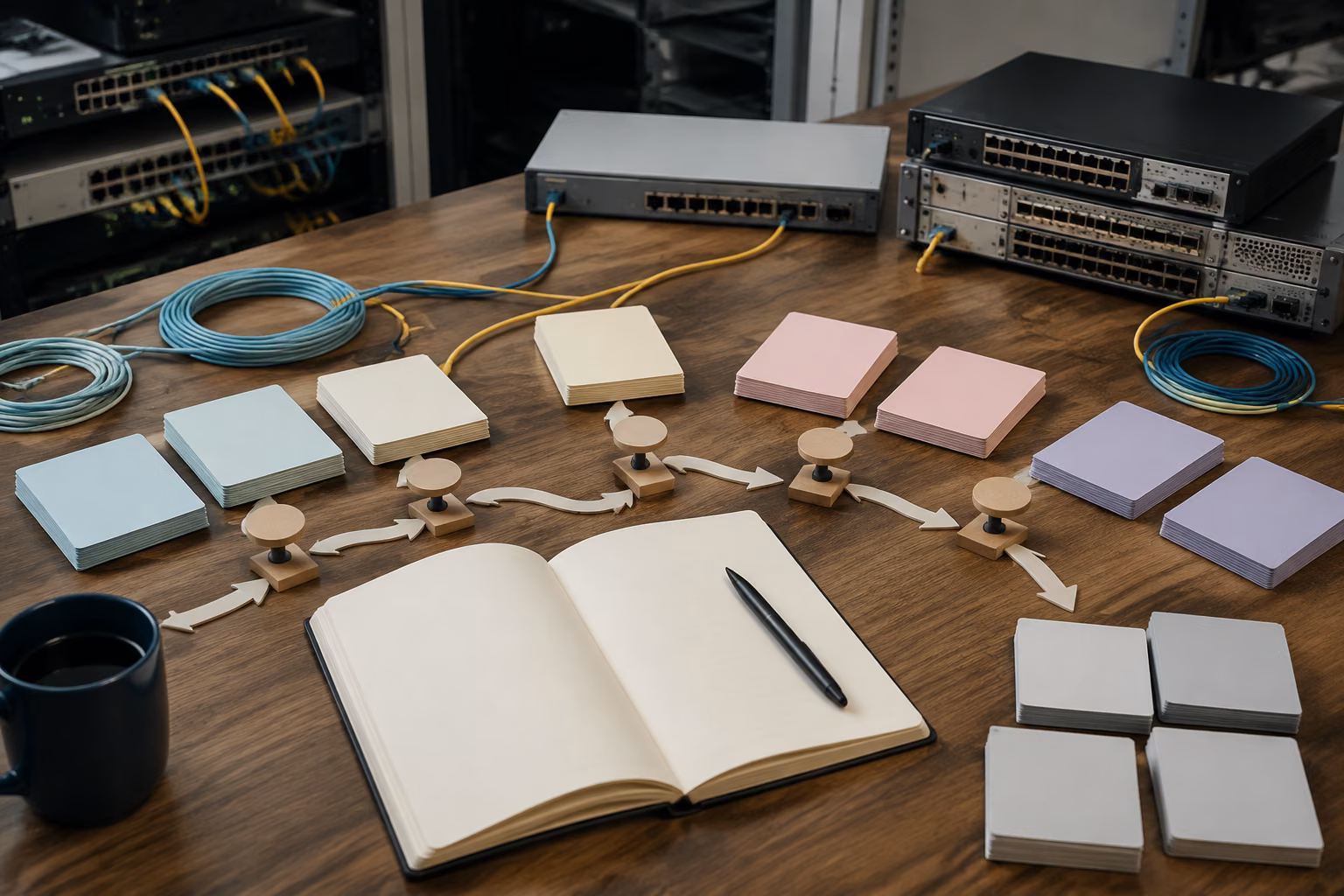An organized networking study workspace with grouped materials, routing equipment, connected cables, and checkpoint markers forming a clear roadmap.