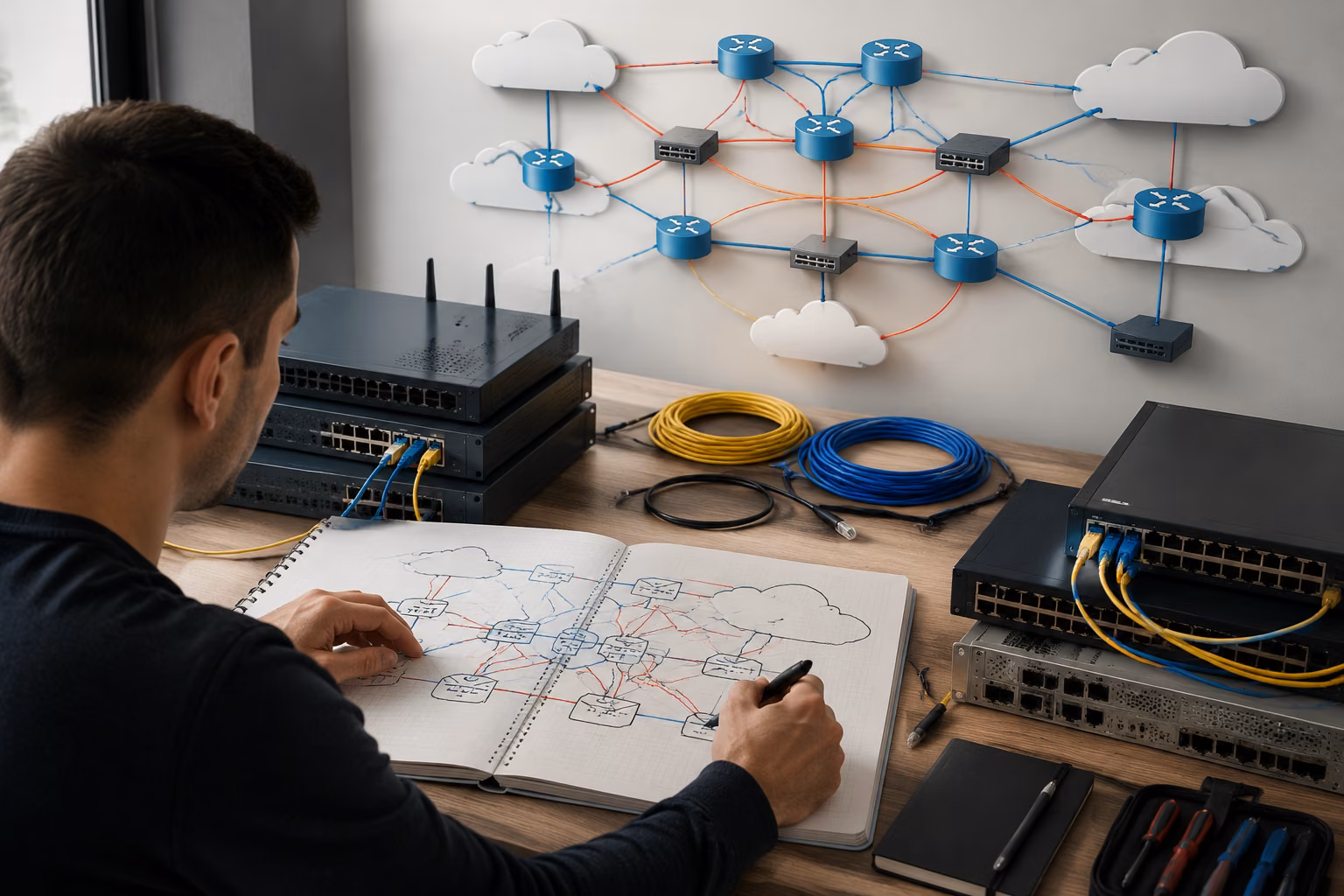 A learner studies network equipment and connected routing paths at a desk in a balanced technical workspace.