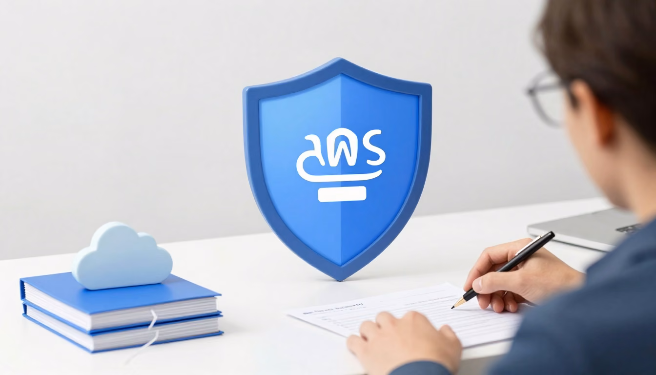 Person organizing cloud security study materials beside a shield symbol and cloud-shaped object at a desk