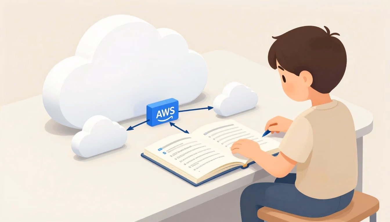 A focused learner arranging cloud-shaped objects and connected service blocks at a study desk.