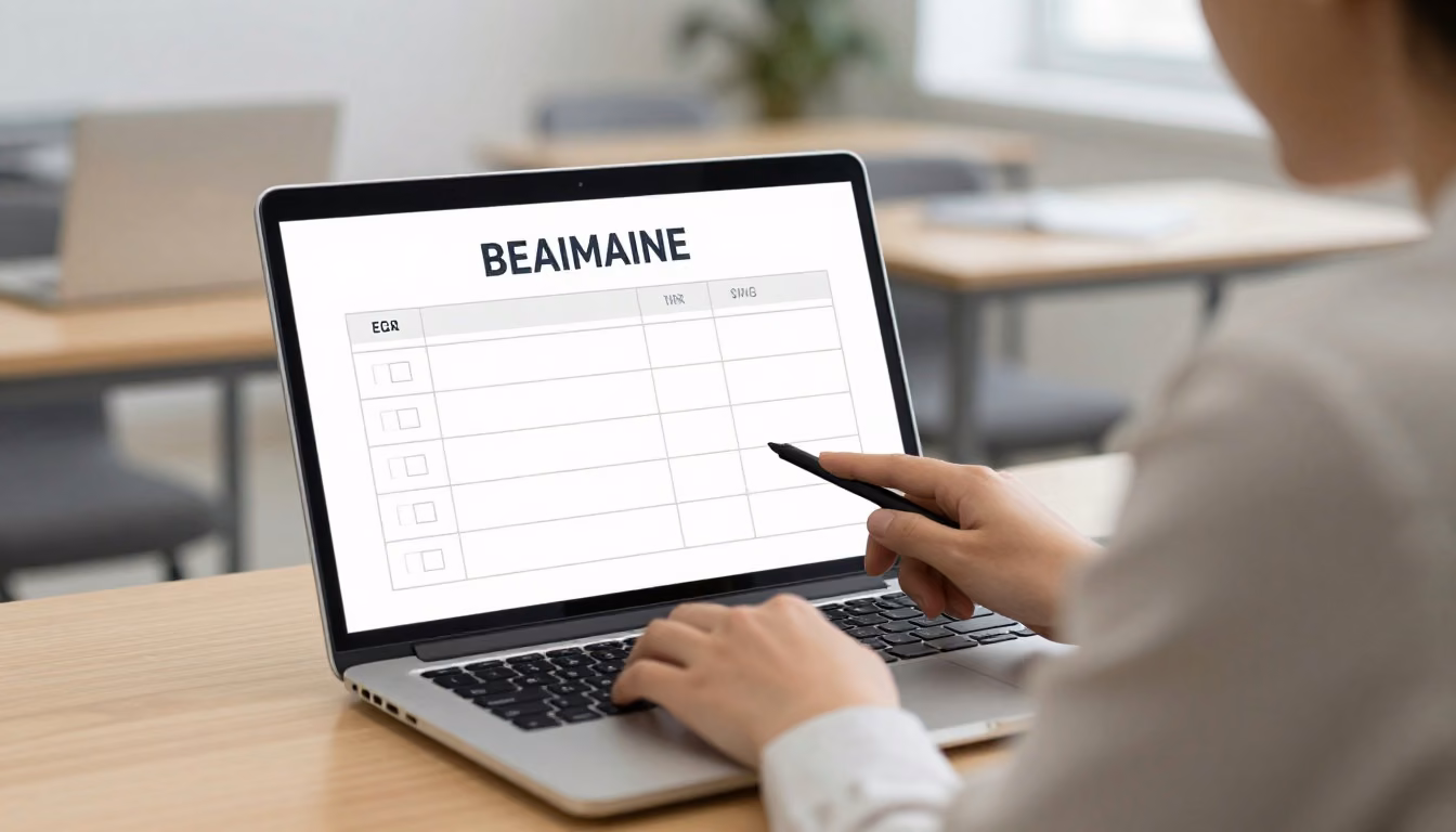 A candidate at a desk with a laptop, a calendar-shaped appointment form, and a supervised testing setting arranged in a clear horizontal composition.