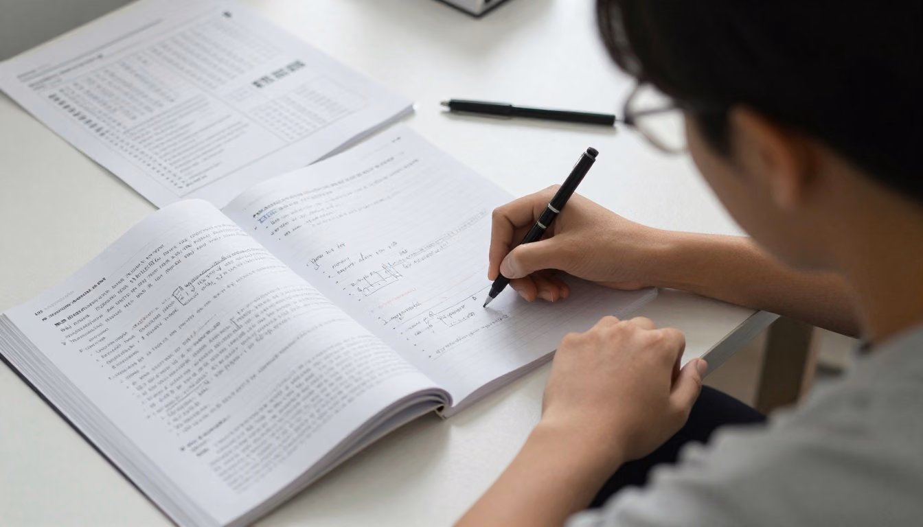A learner studies an open guide beside review notes and a practice worksheet at an organized desk.