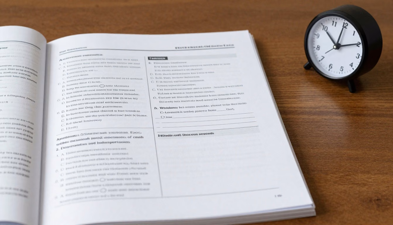 An editorial study desk with an open exam booklet, an analog timer, separated question papers, and a visible break in the workspace.
