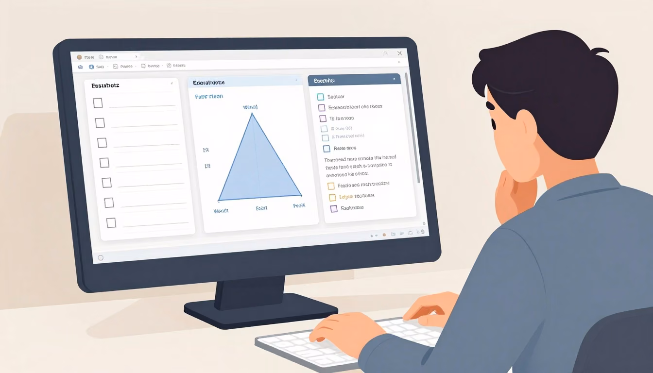 Editorial illustration of a learner at an exam workspace surrounded by blank answer areas, paired items, selectable options, and a visual diagram.