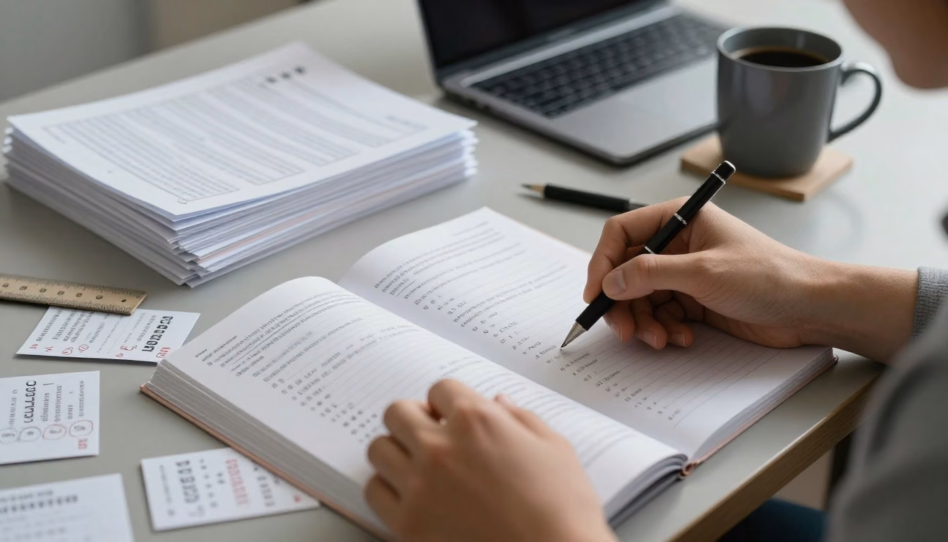 A learner reviews practice questions at a desk while study materials progress toward a complete exam and organized review workspace.