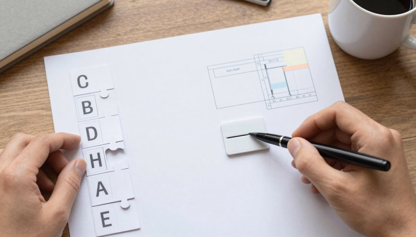 A project-management exam study desk with unmarked selection cards, matching pieces, response sheets, and diagram materials arranged in a clear progression.