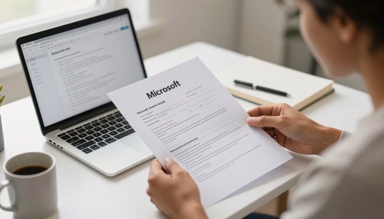 A person reviews a failed certification exam result beside an exam retake offer on a clean desk.