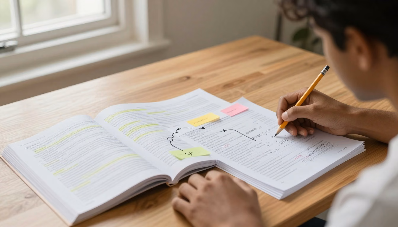 A focused learner reviews an open study guide beside practice materials in a warm organized workspace.
