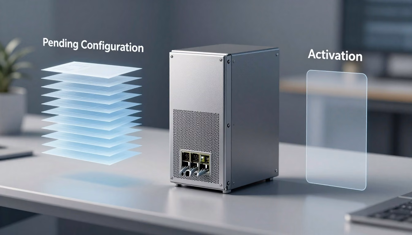 A rack-mounted network device beside separated configuration layers in a clean technical workspace.