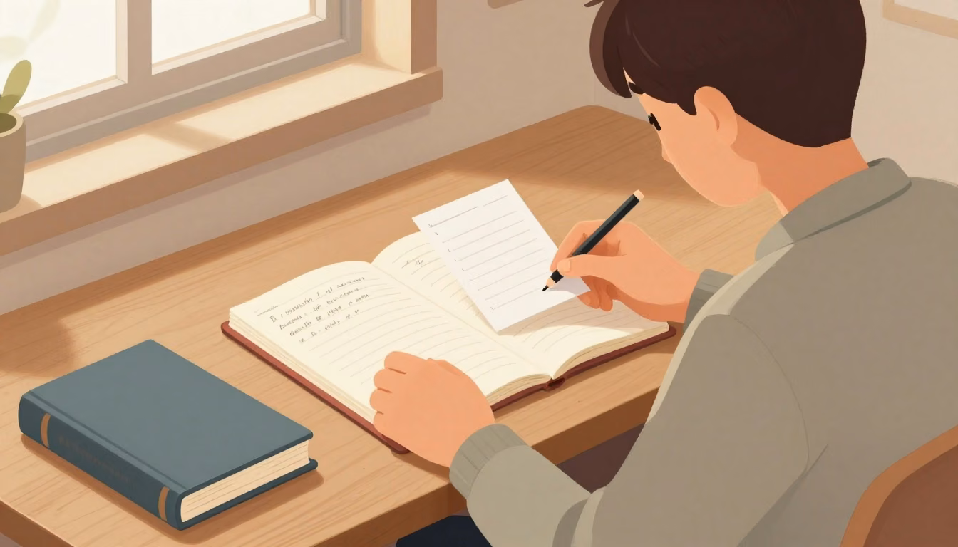 A learner reviewing practice questions at a desk with blank cards, a notebook, and study materials arranged in a calm focused composition.