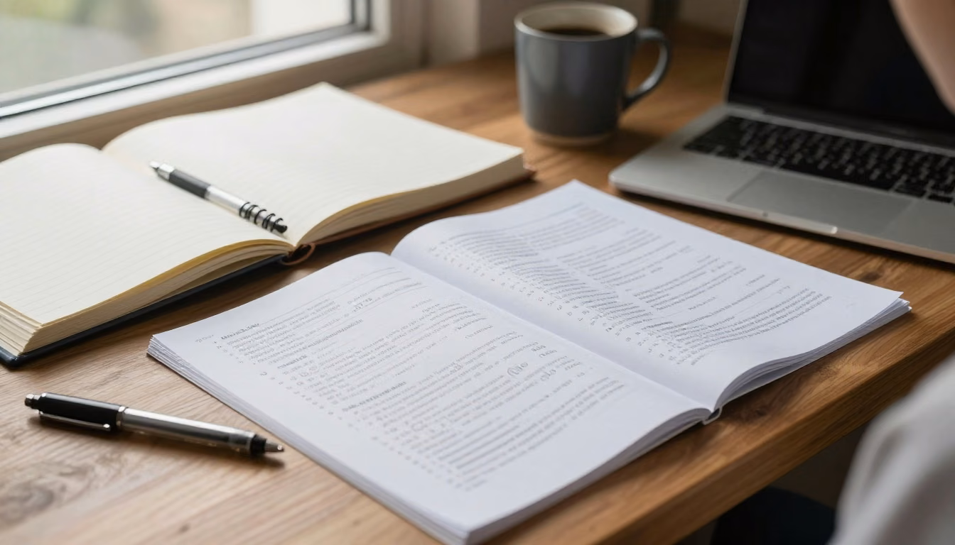A learner reviews printed practice questions and answer explanations at a quiet study desk.