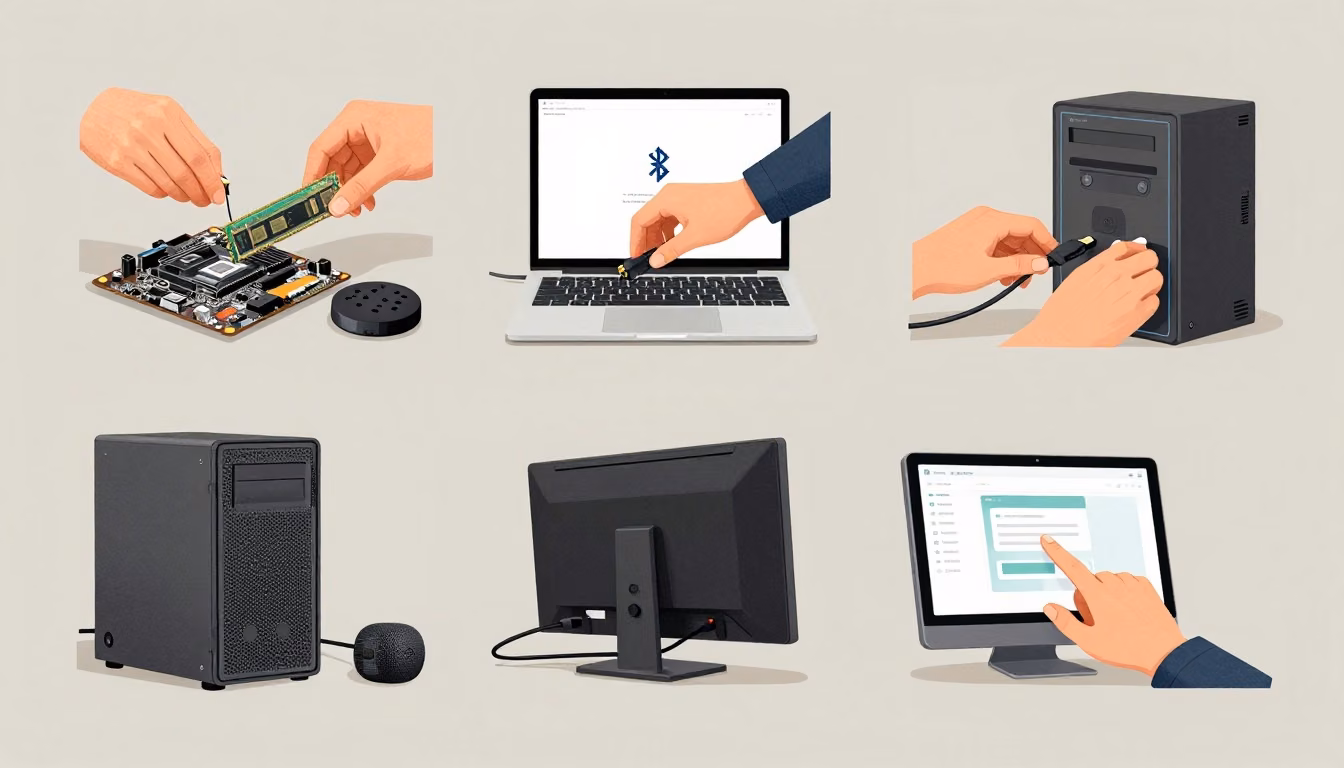 A learner reviews four separate computer hardware practice scenarios arranged across a clean study desk.