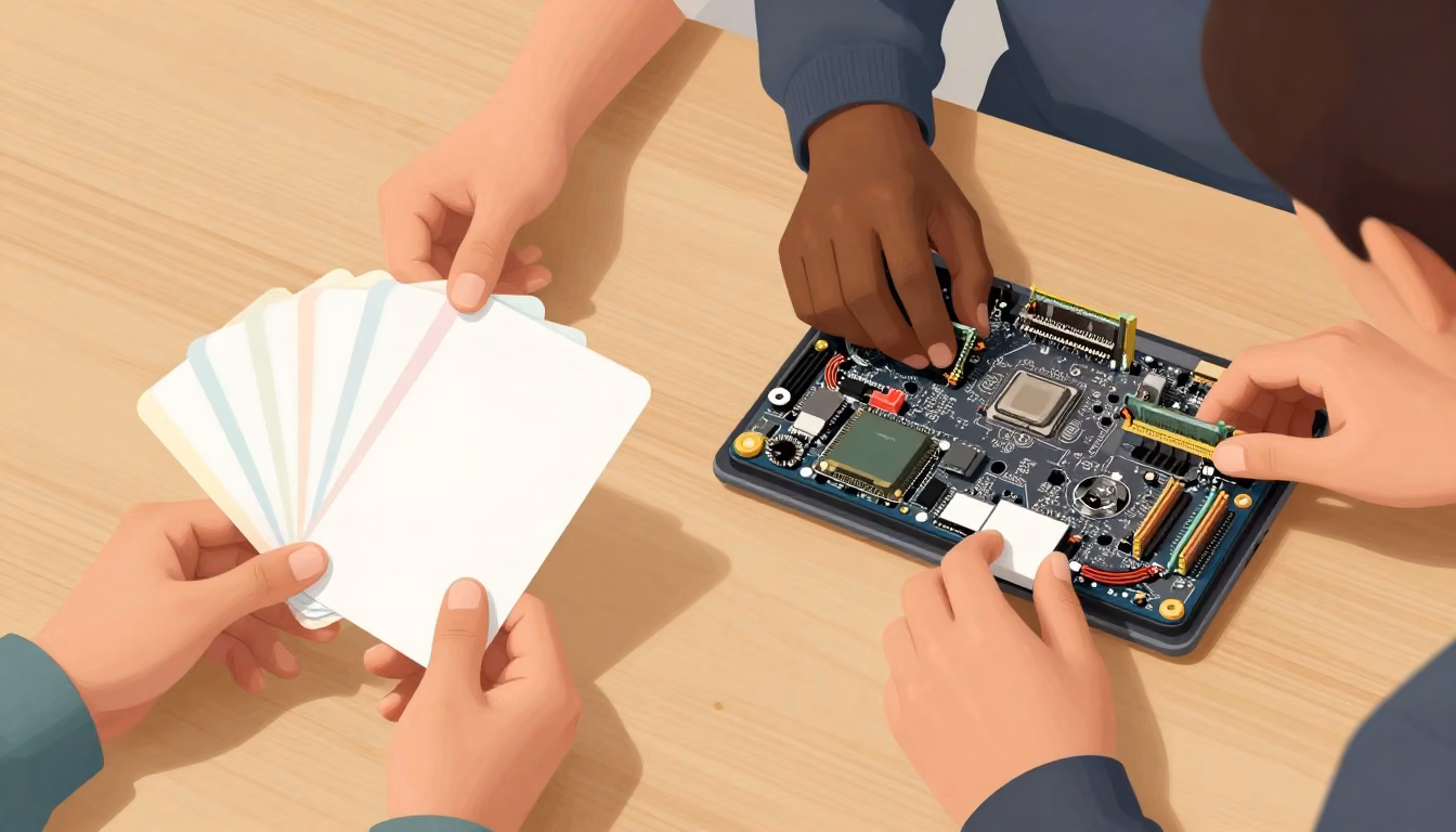A study desk contrasts blank recall cards with hands arranging computer hardware components in a focused workspace.