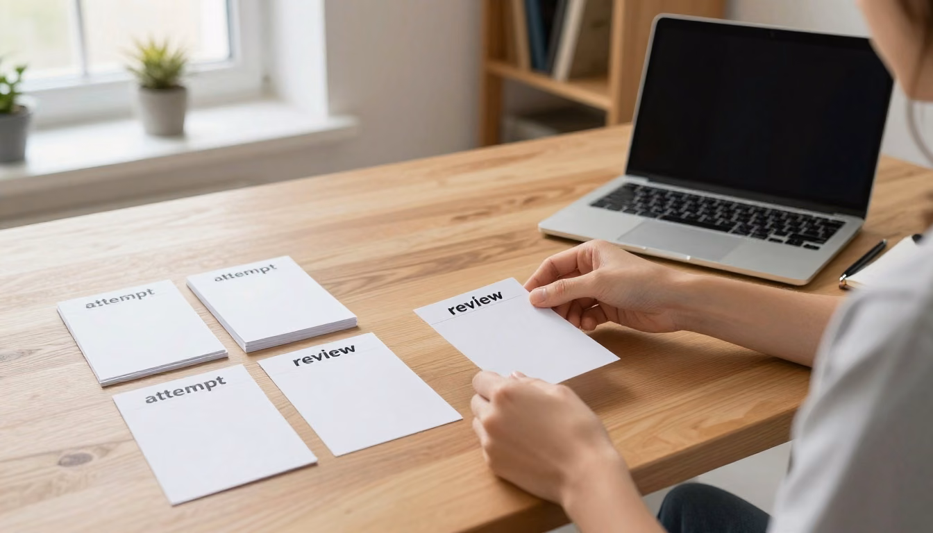 A learner moves blank question cards from an attempt area toward a review area at a quiet study desk.