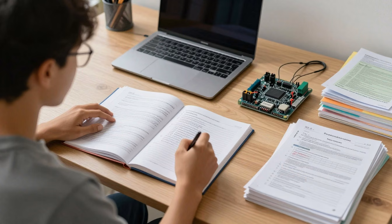 A learner arranging study materials and practice tools in a clear preparation sequence at a desk