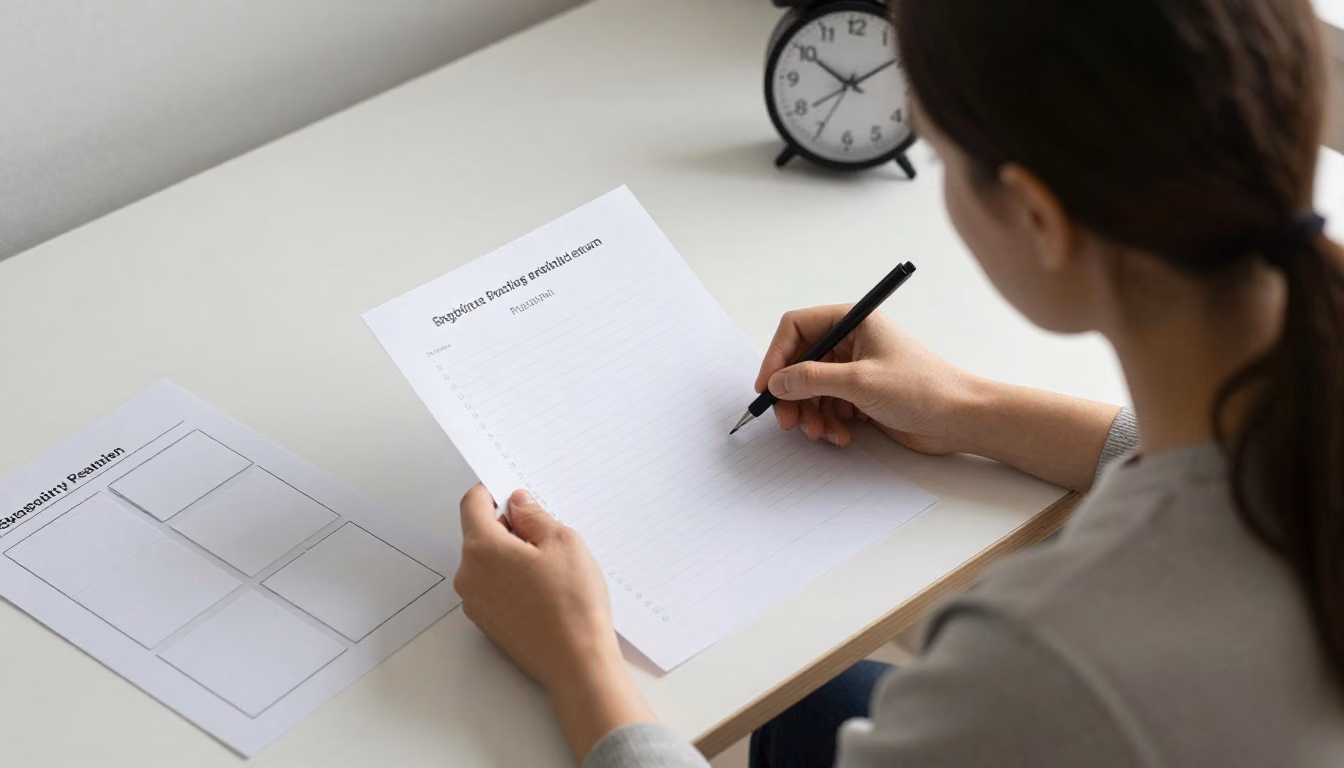 A focused learner compares blank practice materials with an organized study plan at a tidy desk, with a numberless clock suggesting deliberate pacing.
