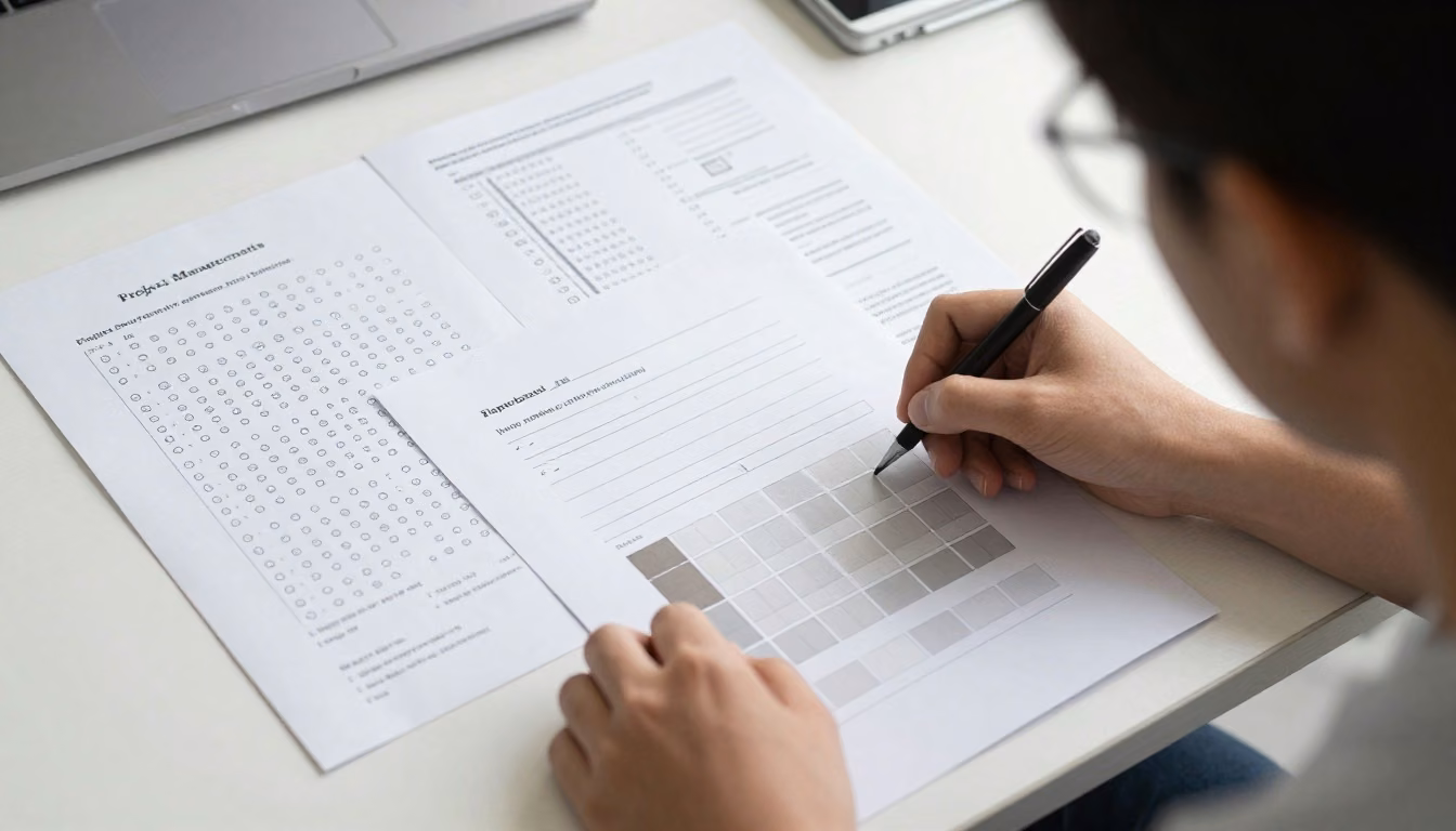 A focused exam candidate reviews several distinct paper question layouts at a desk in a calm study setting.