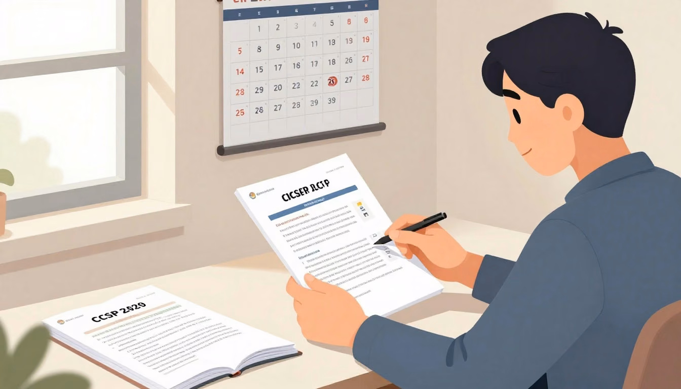 Certification candidate comparing study materials and calendar plans at a desk in a focused professional setting