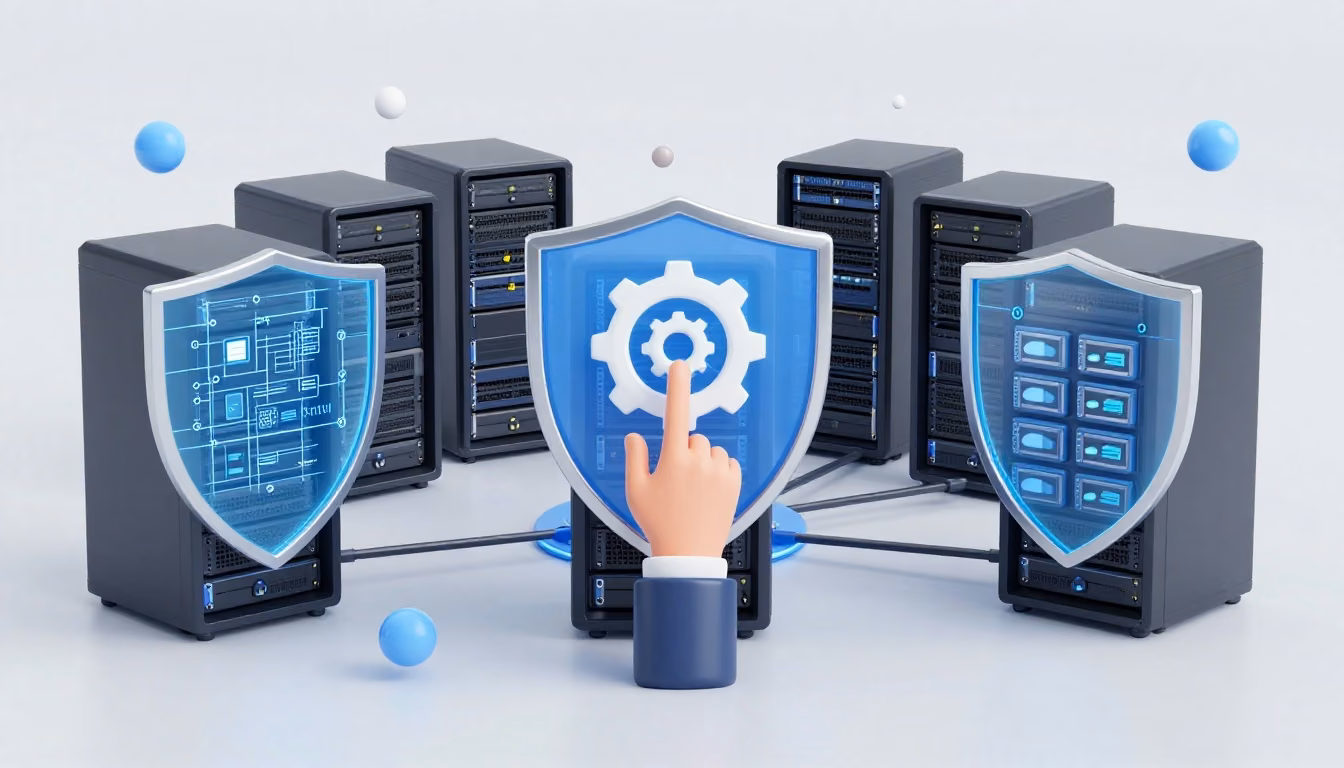 A wide editorial scene showing cloud infrastructure, data storage, and applications arranged within a protected environment.