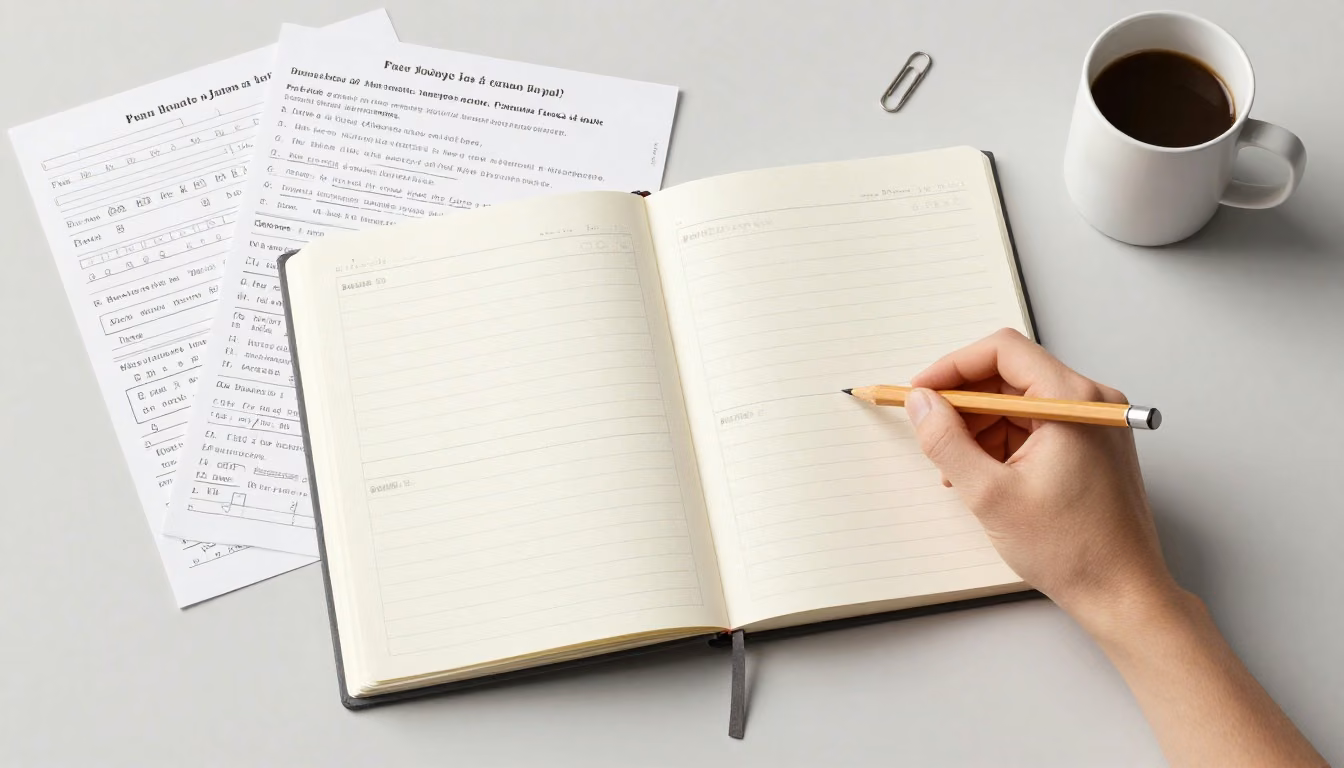 Overhead view of practice question sheets and a notebook arranged into separate study sections on an organized desk.