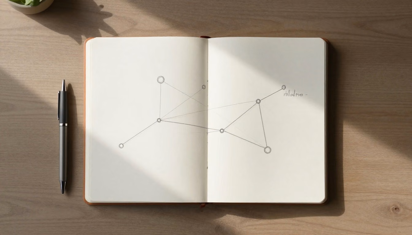 Overhead study desk with an open notebook, pen, and simple connected network diagrams arranged in a calm composition.